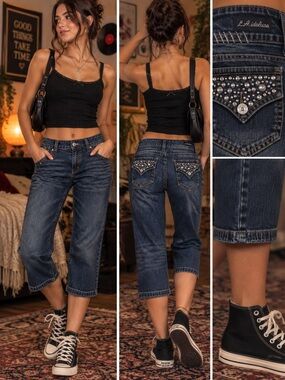 L.A. idol Dark Blue Studded Cropped Jeans